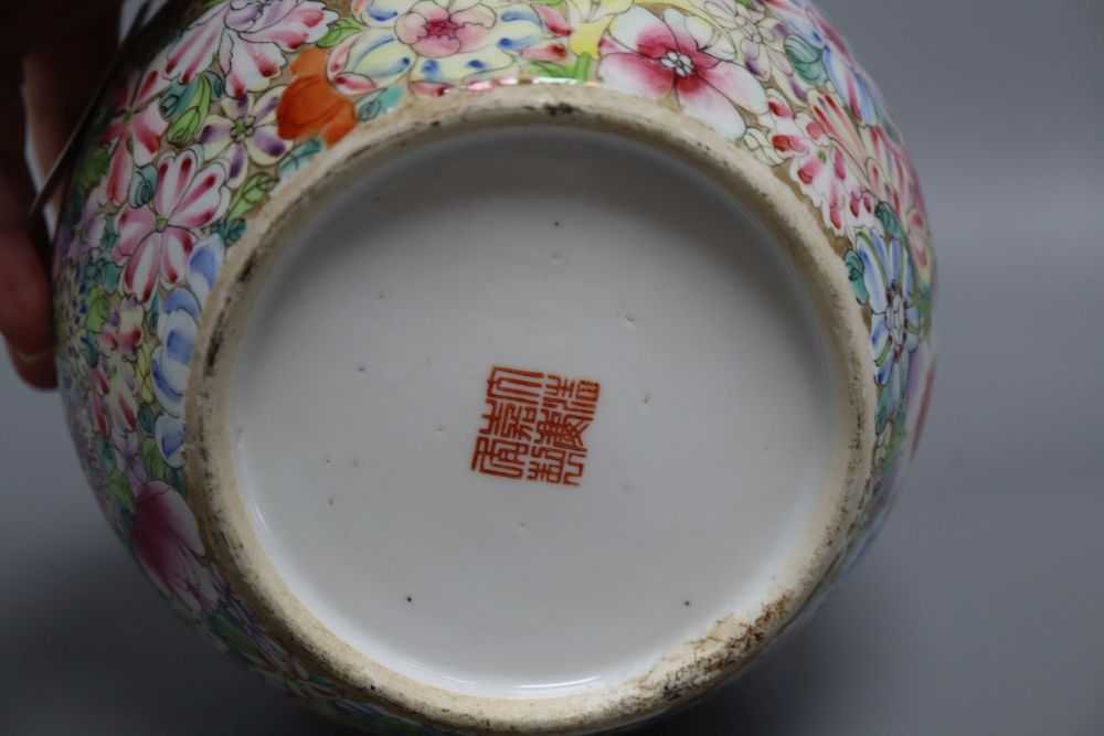 A Chinese millefiore ginger jar and cover, a small blue and white brush pot and an ovoid jar and cover